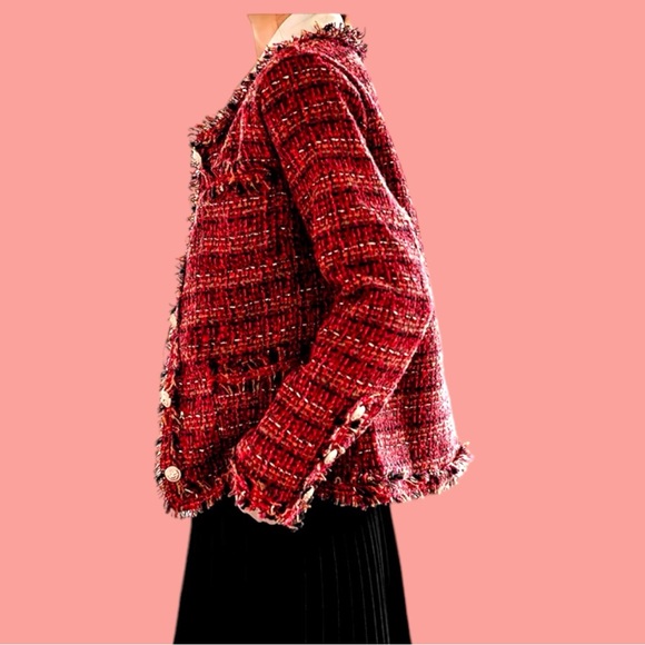 Yak Magik Red & Orange Textured Silk Blend Tweed Fringe Women’s Blazer S - Picture 6 of 8